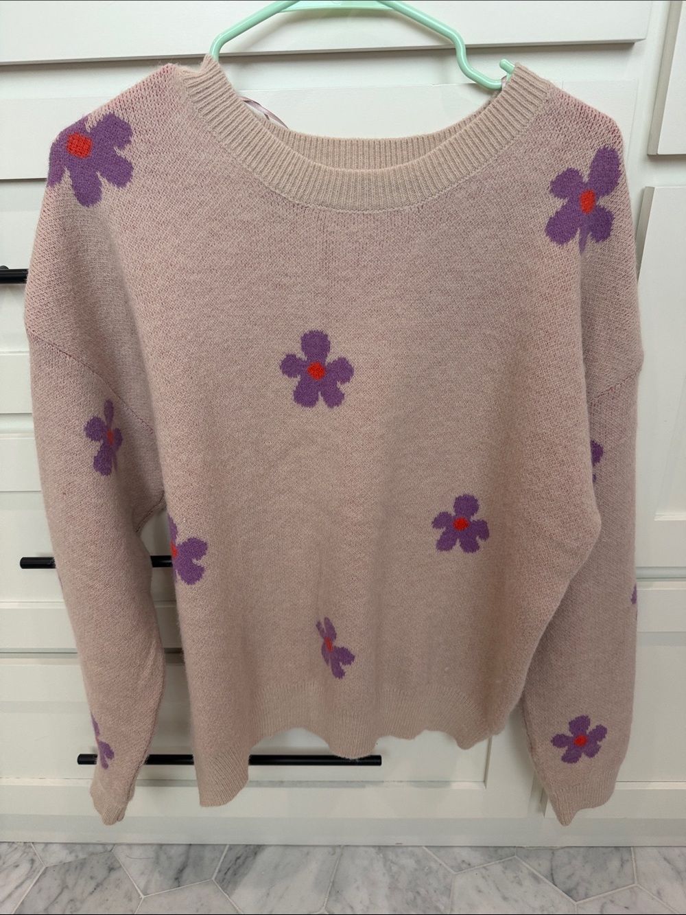 HYFVE Pink Crewneck Sweater with Purple Floral Accents and Red Centers